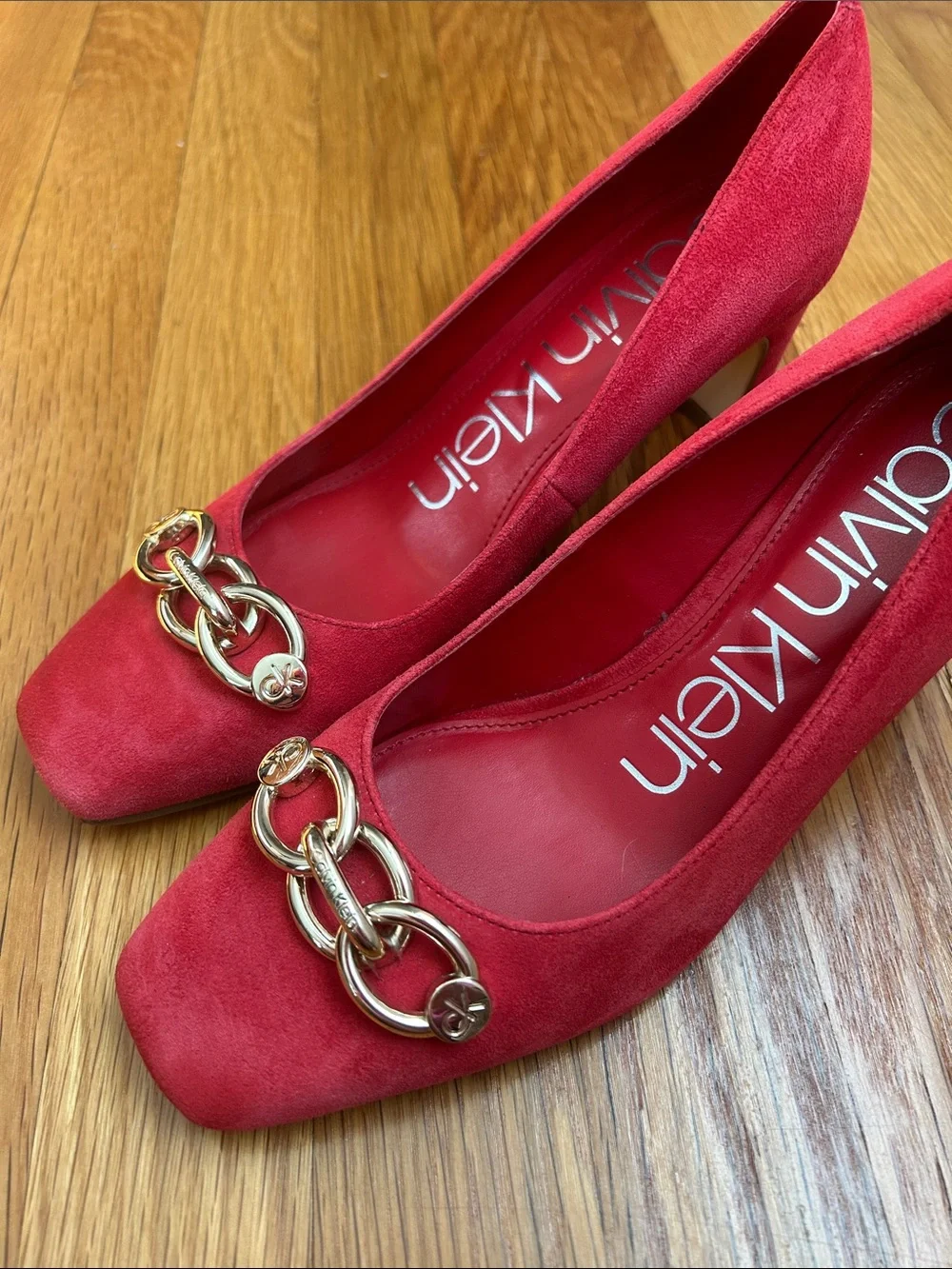 Calvin Klein Red Suede Chain-Accent Pumps